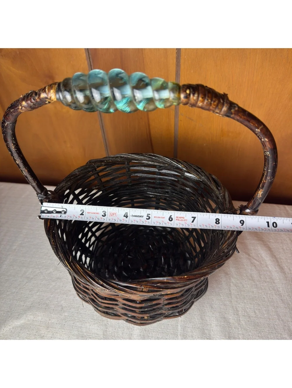 Vintage Wicker Basket Glass Handle Accent Dark Brown Woven Rustic Boho Decor